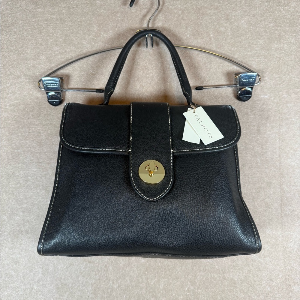 TALBOTS Top Handle Satchel Tote Black Pebbled Leather Turnlock Flap White Stitch